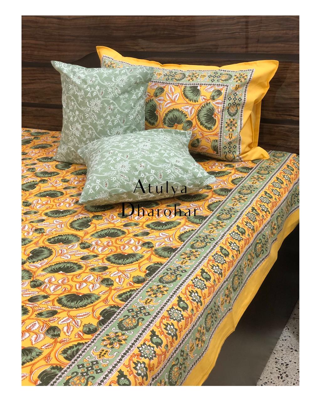 Green Lotus Motifs Single Bedsheet