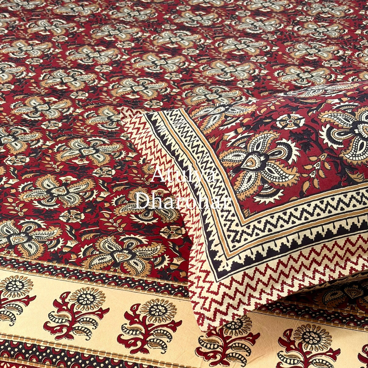 Dark Maroon and Black Cotton Kalamkari Super King Bedsheet