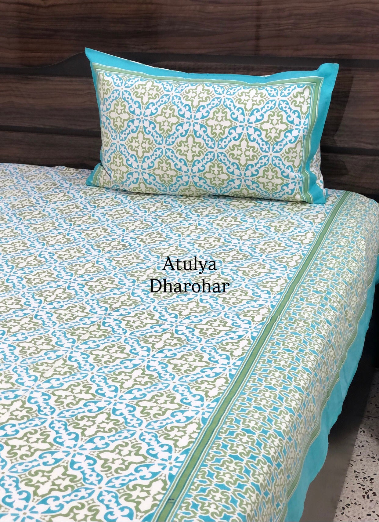 Turquoise and Green Mughal Jaal Cotton King Size Bedsheet