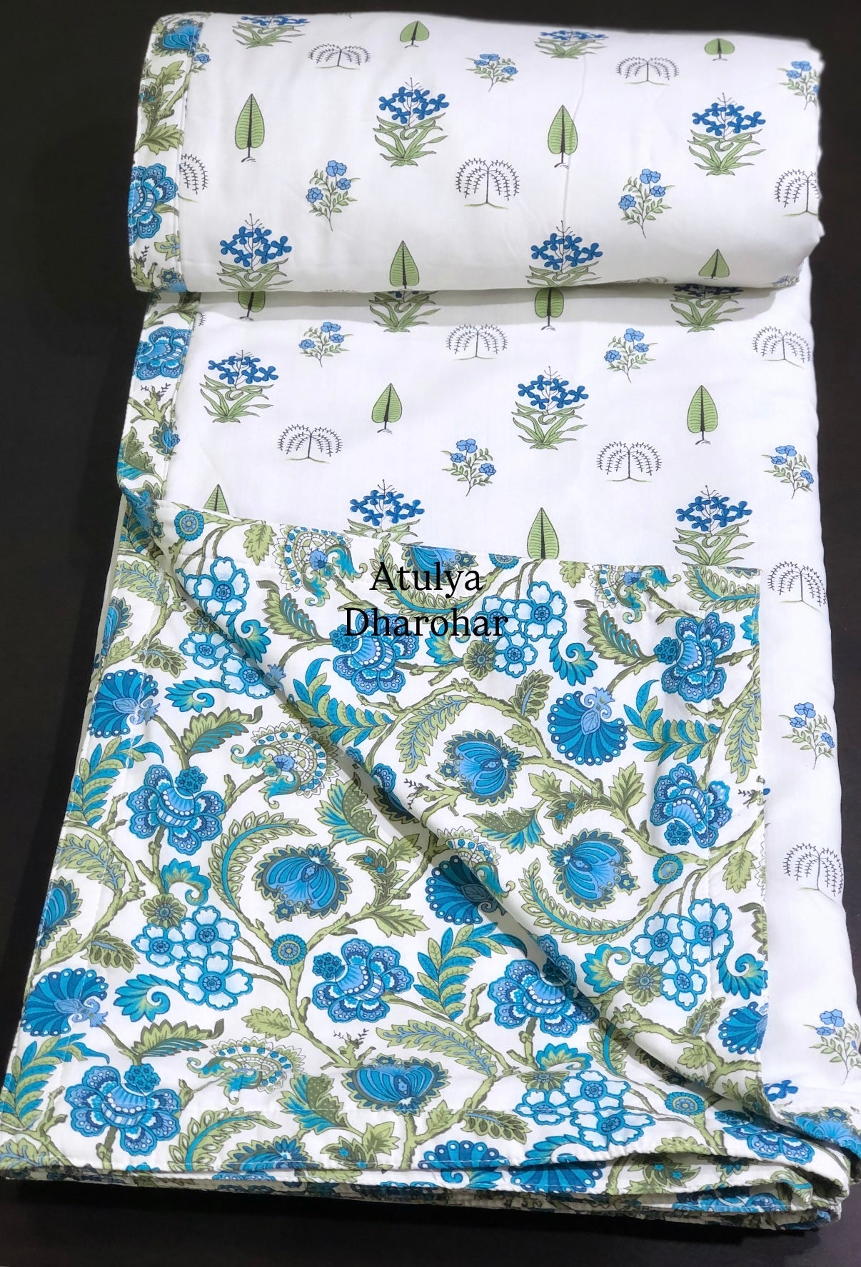 Blue and Green Floral Motifs Cambric Cotton Double Bed Dohar