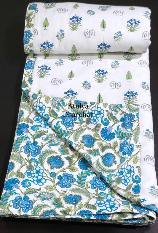 Blue and Green Floral Motifs Cambric Cotton Double Bed Dohar