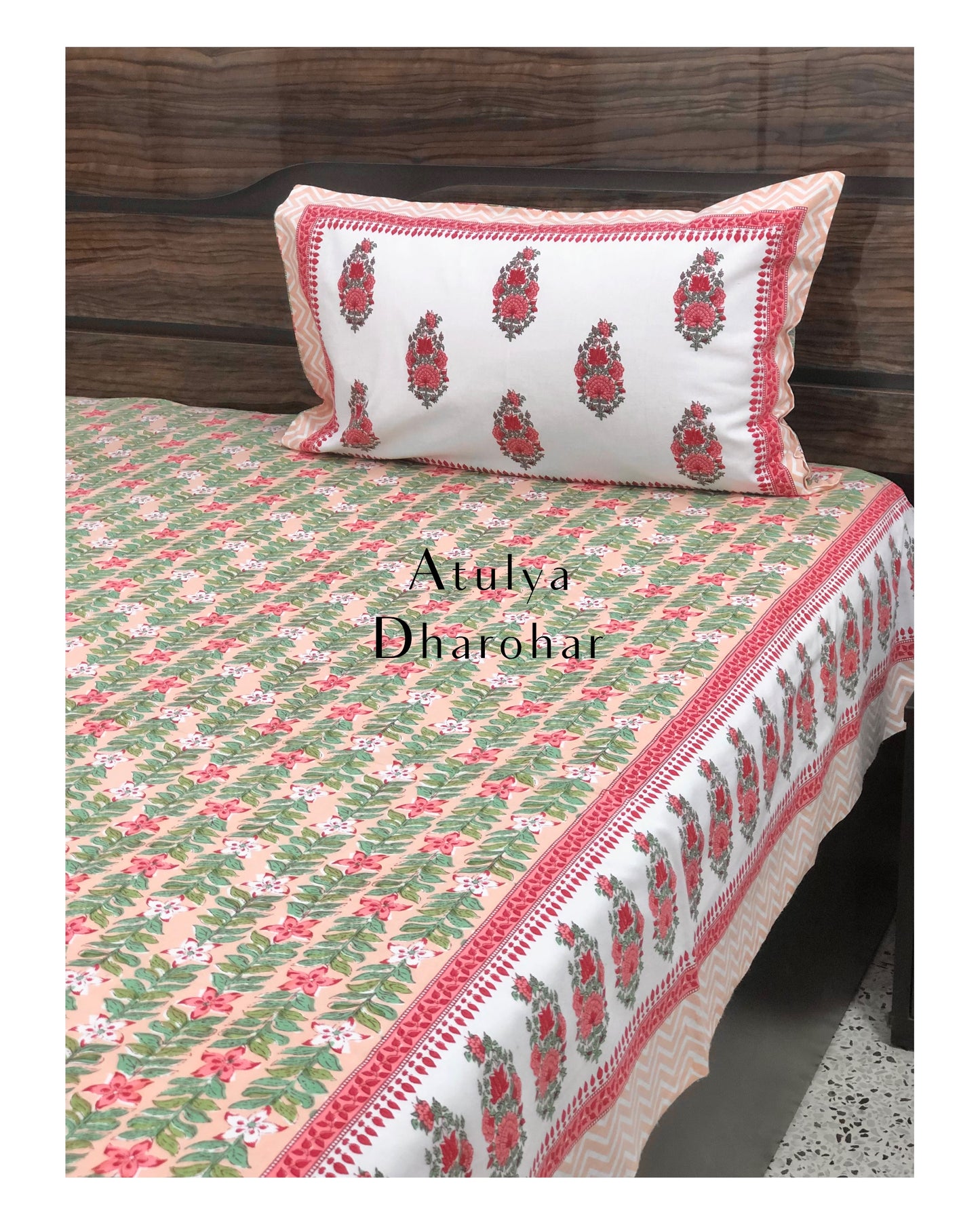 Pink and Green Floral Jaal Bedsheet