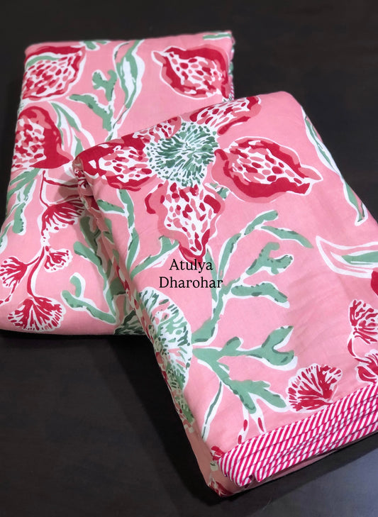 Pink and Green Floral Jaal Mulmul Single Dohar Pair