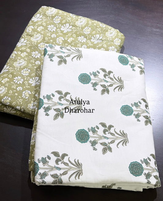 Green Floral Motifs Cambric Cotton Single Dohar Pair
