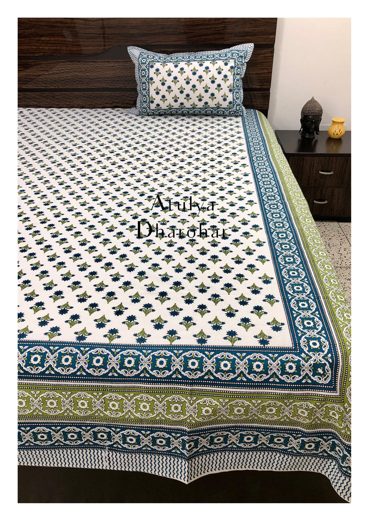 Blue and Green Floral Motifs Bedsheet