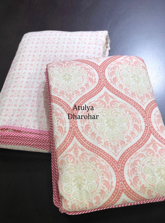 Peach Mughal Jaal Mulmul Single Dohar Pair and Super King Bedsheet Set