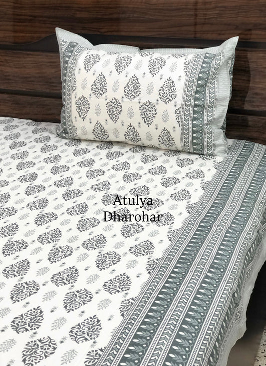 Grey Mughal Motifs Cotton King Size Bedsheet