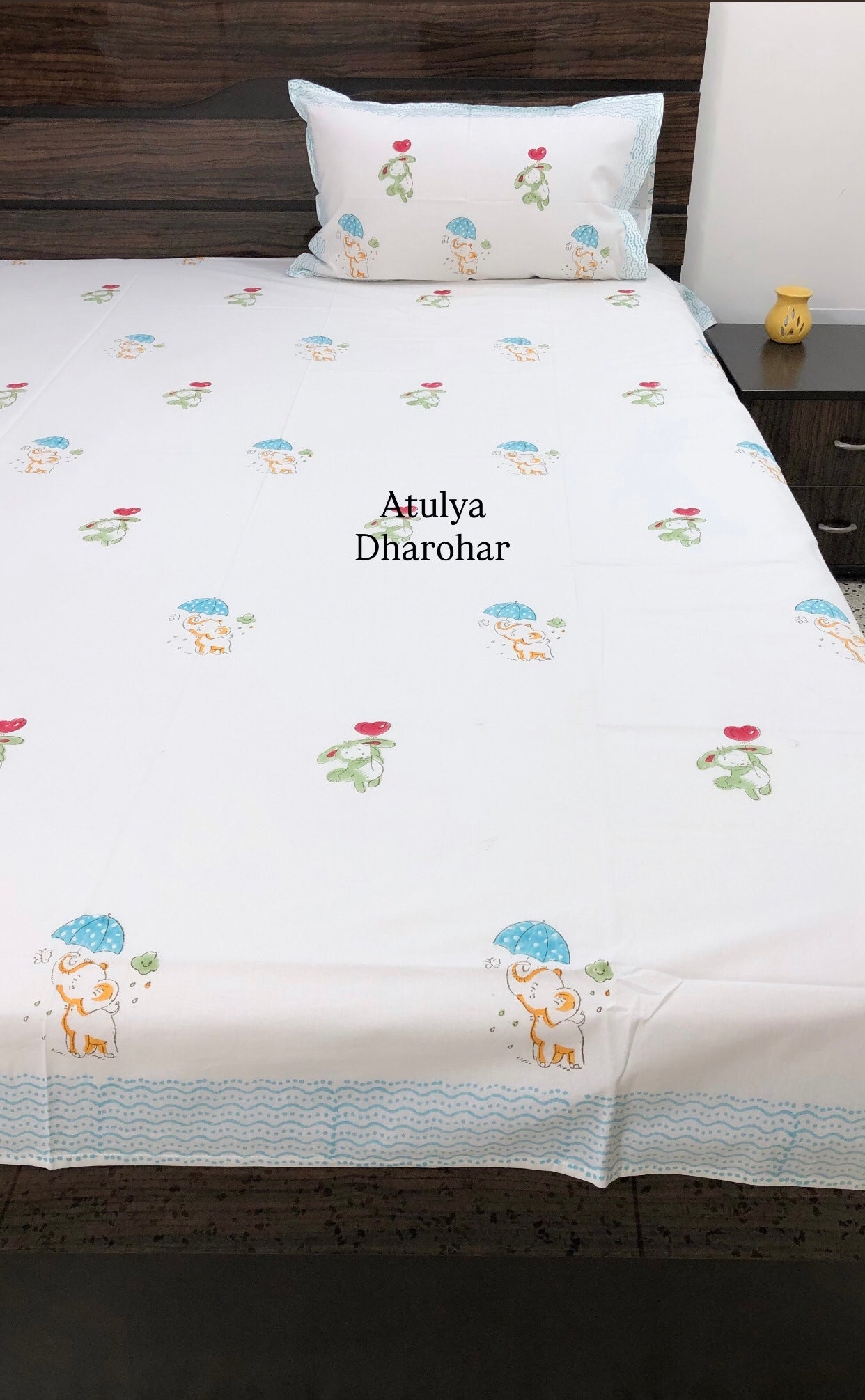 Elephant and Rabbit Hand Block Printed Single Bedsheet