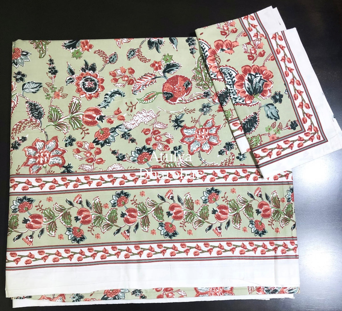 Green and Rust Floral Jaal Cotton Super King Bedsheet