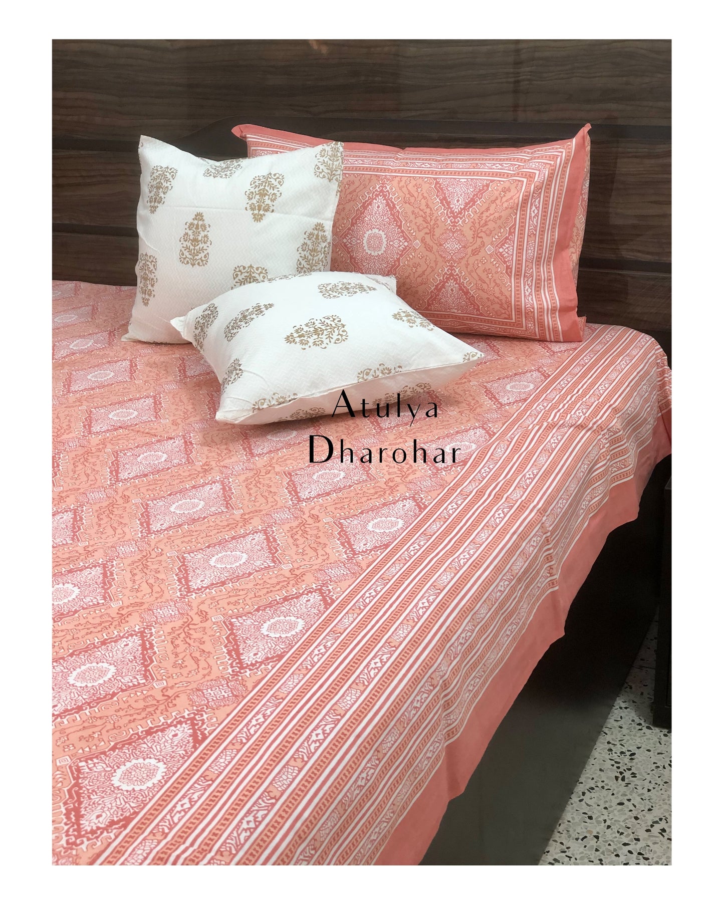 Peach Mughal Motifs Bedsheet