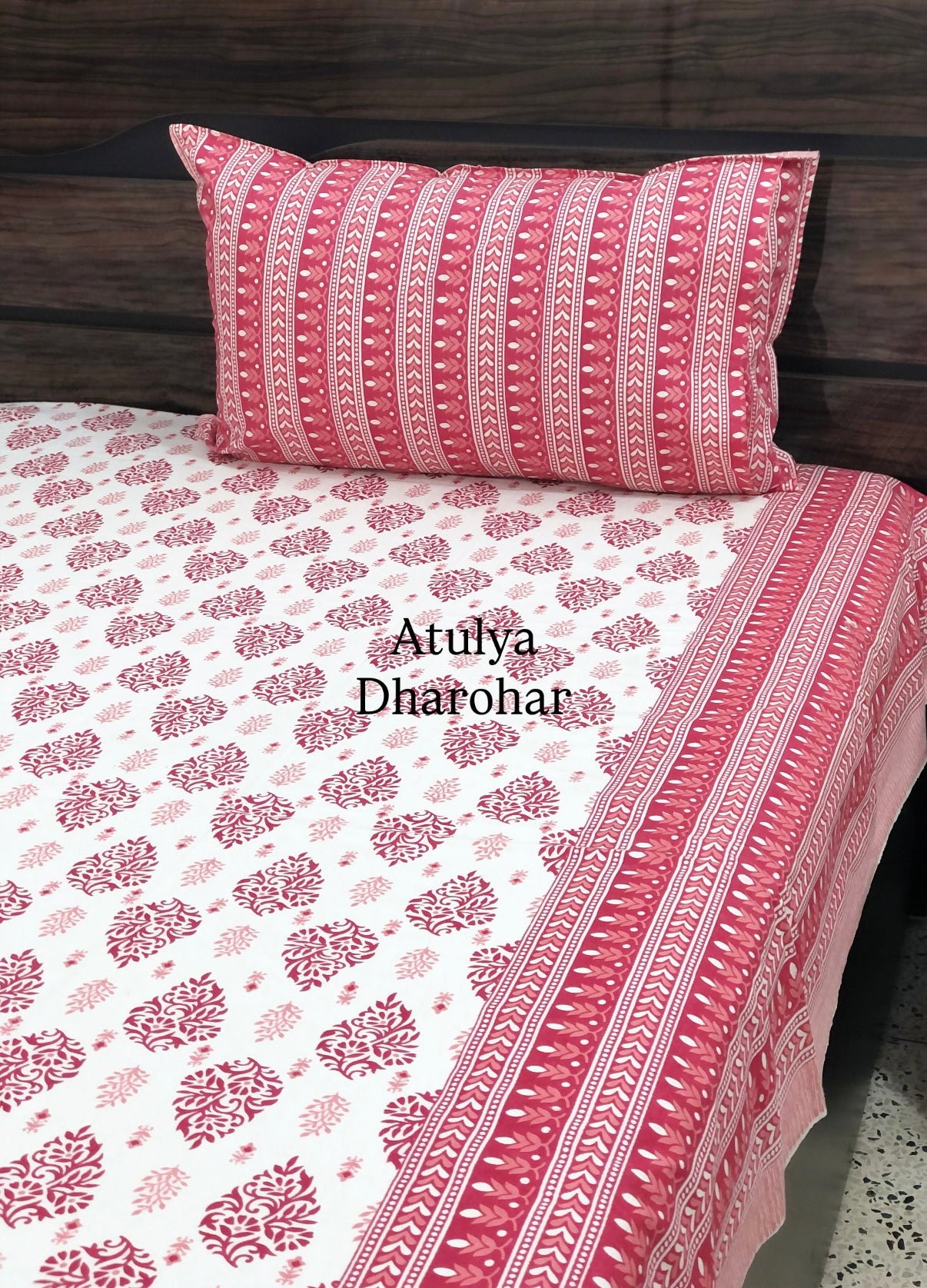 Pink Mughal Motifs Cotton King Size Bedsheet