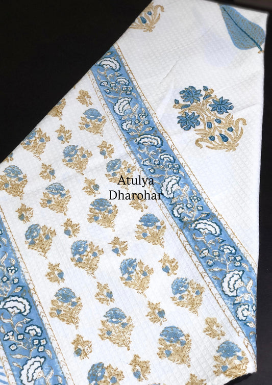Blue and Brown Floral Motifs Hand Block Printed Waffle Cotton Towel