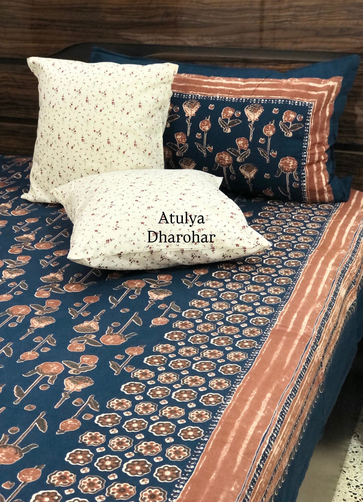 Navy Blue Floral Motifs Cotton Super King Bedsheet