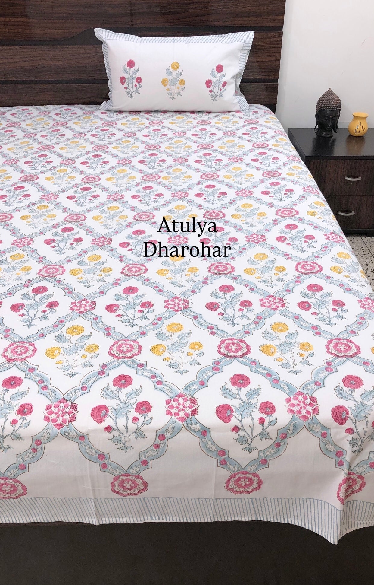 Multicolour Floral Mughal Jaal Hand Block Super King Cotton Bedsheet