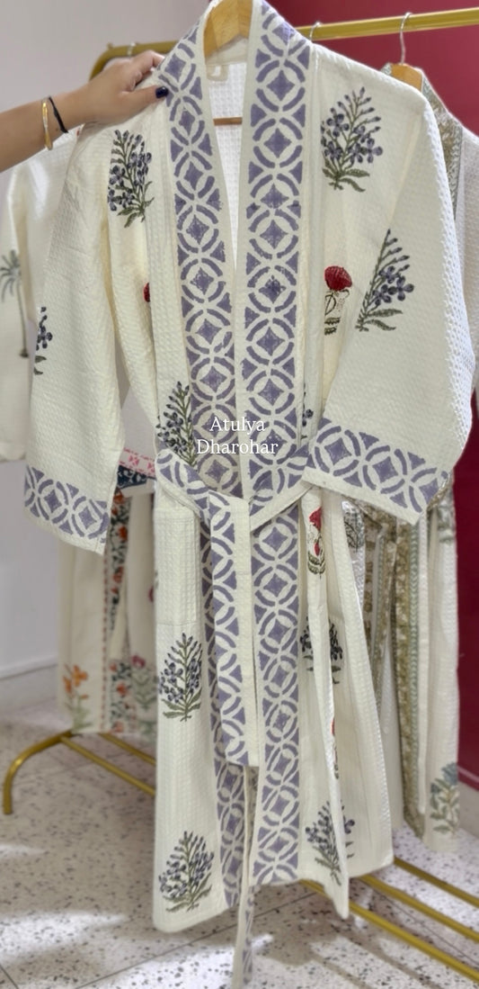 Purple and Red Floral Motifs Waffle Cotton Bathrobe