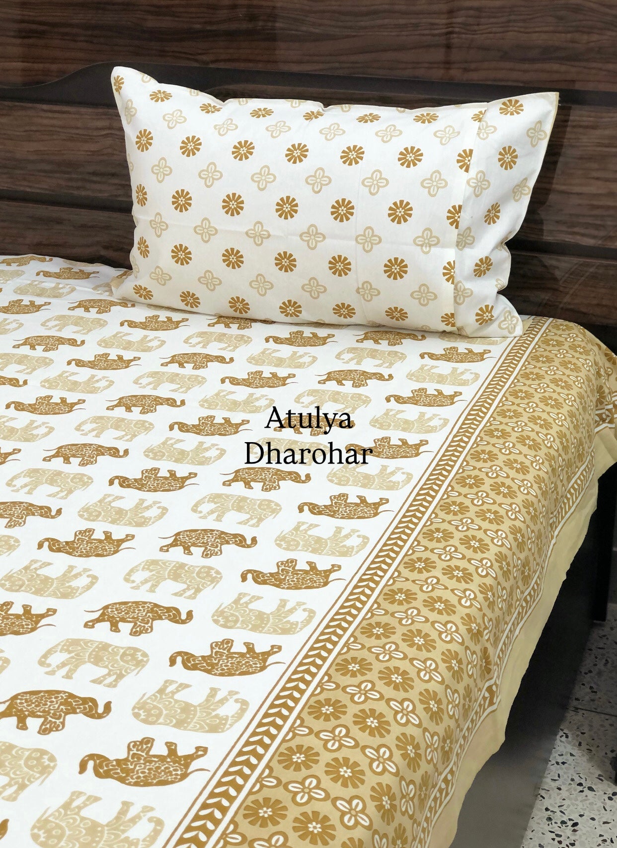Golden Brown Elephant Motifs Cotton King Size Bedsheet