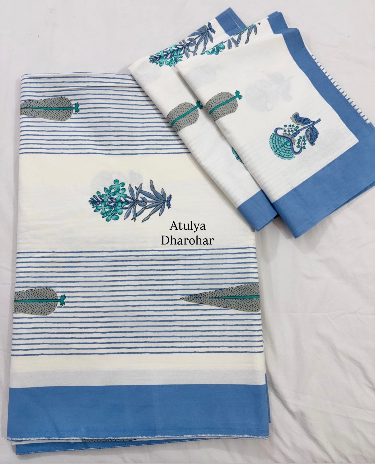 Blue Floral Motifs Super King Cotton Bedsheet