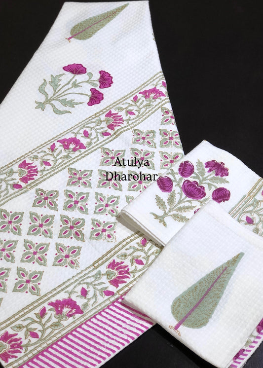 Magenta Pink Mughal Motifs Hand Block Waffle Cotton Towel Set