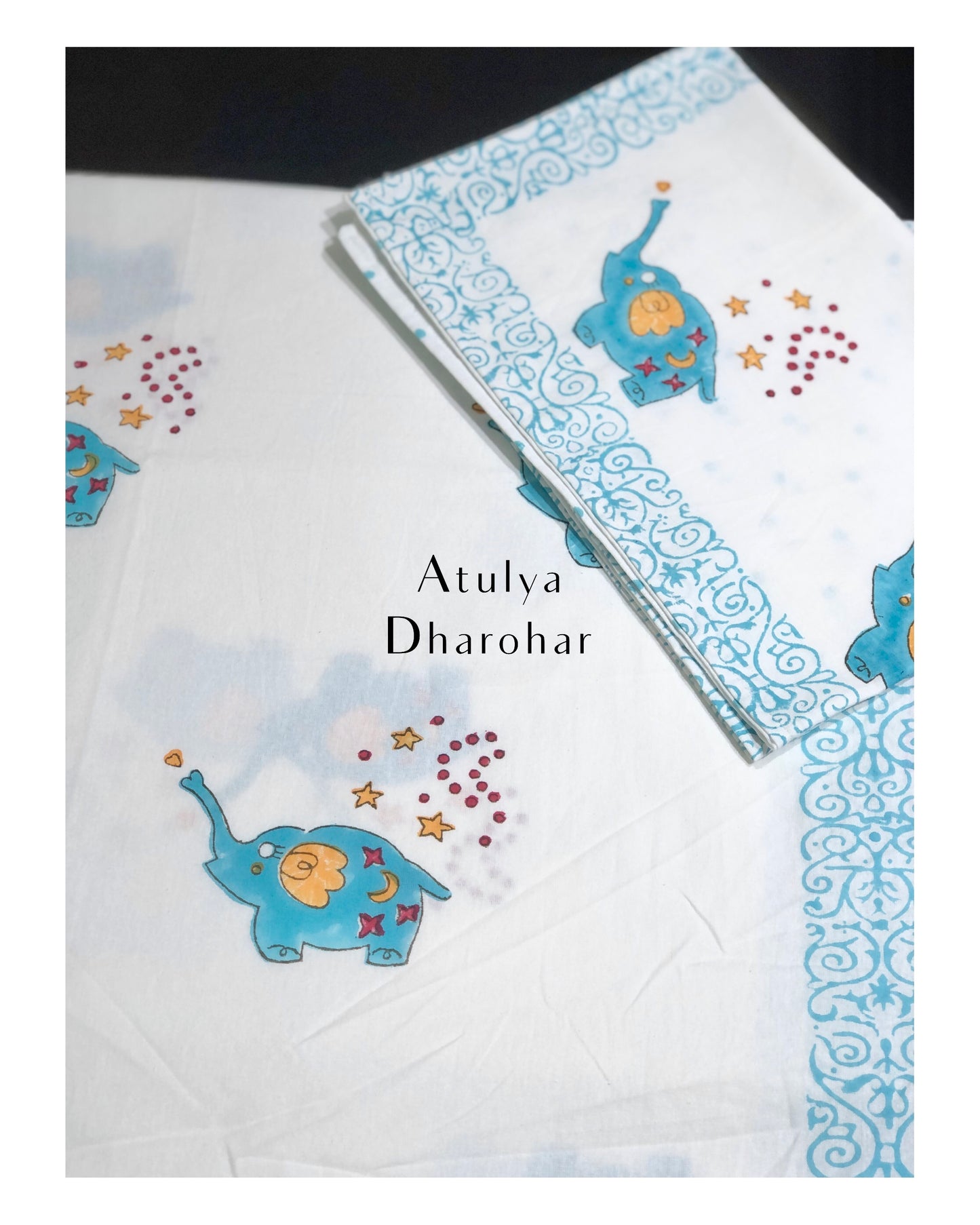 Elephant with Stars Kids Hand Block Printed Single Bedsheet