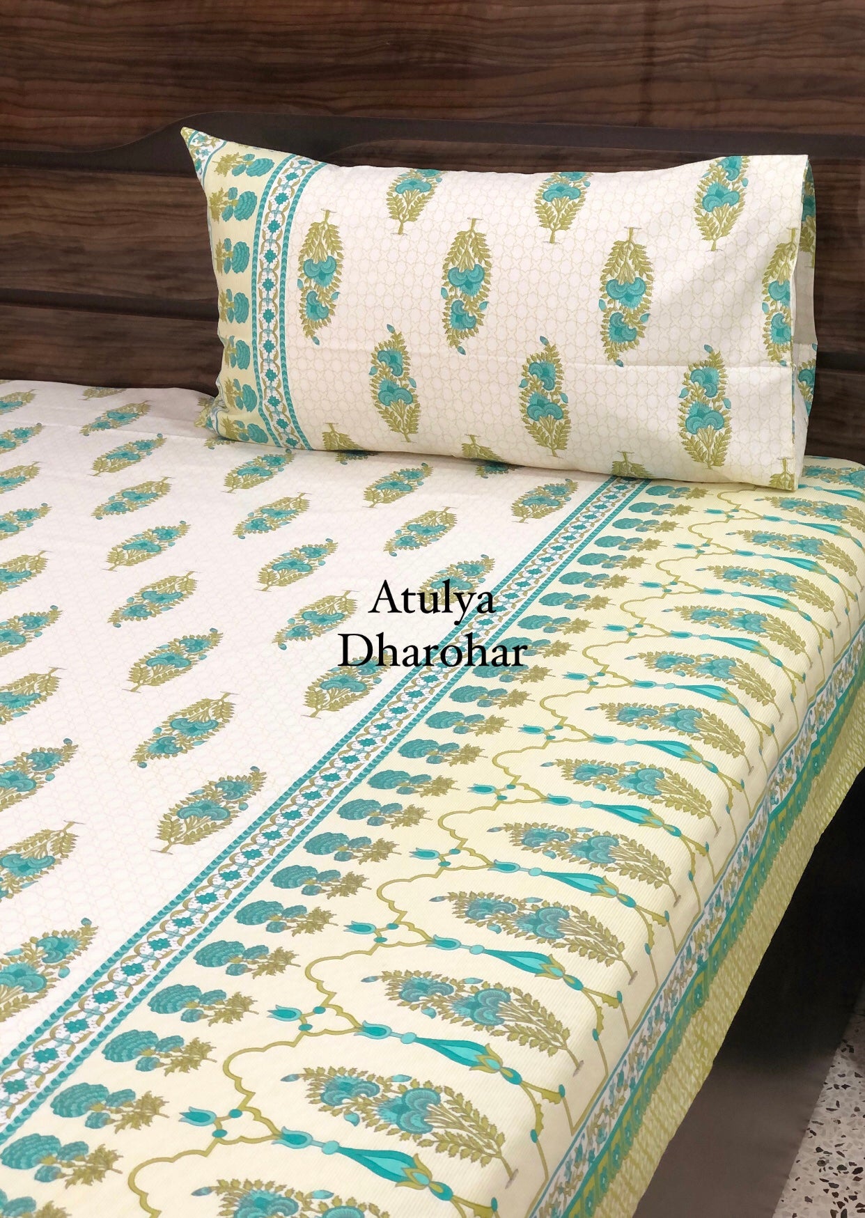 Green and Teal Blue Floral Motifs Bedsheet