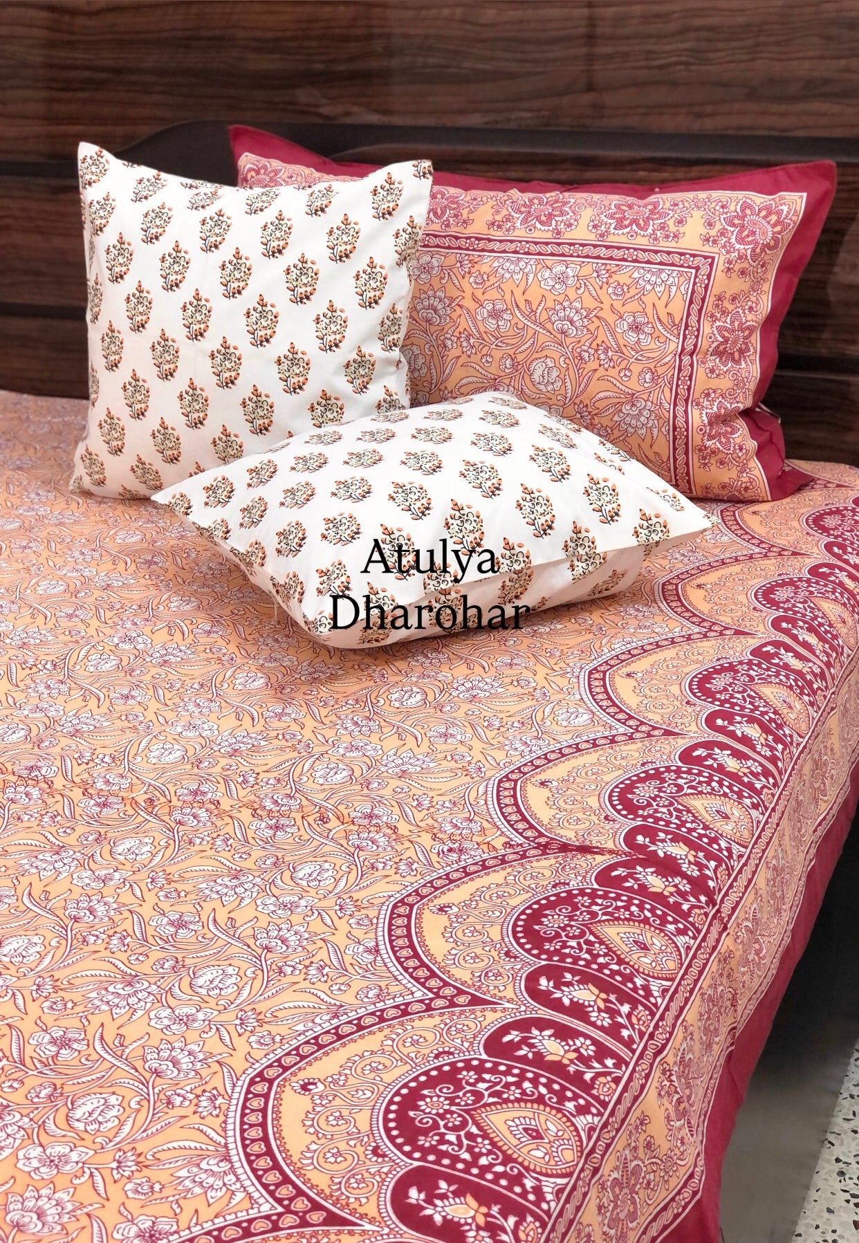 Peach Floral Jaal Cotton King Size Bedsheet