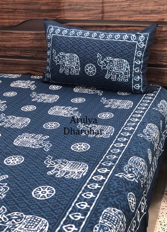 Indigo Elephant Motifs Cotton Super King Bedsheet