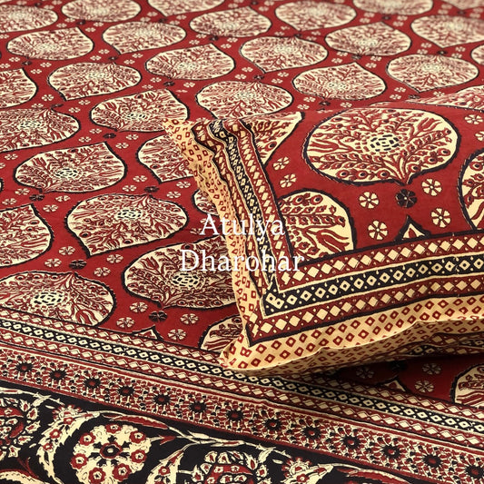 Maroon and Black Kalamkari Cotton Super King Bedsheet