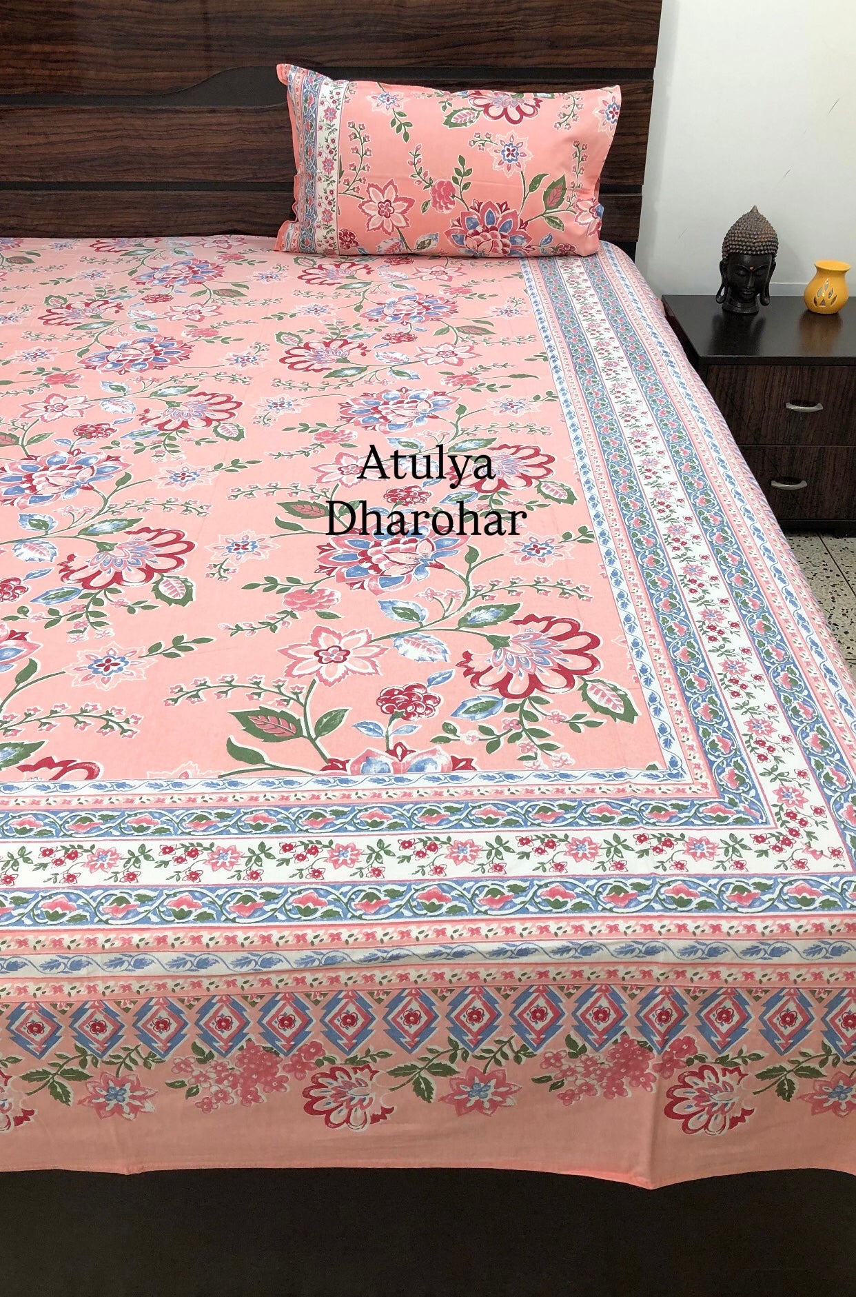 Peach Floral Jaal Cotton Super King Bedsheet