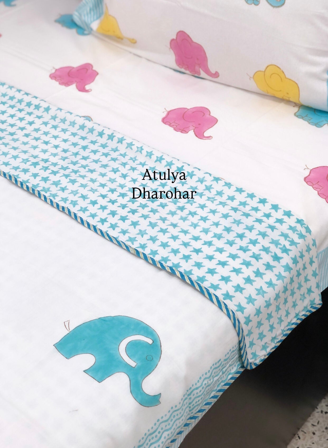 Elephant and Minion Hand Block Printed Baby Mulmul Dohar