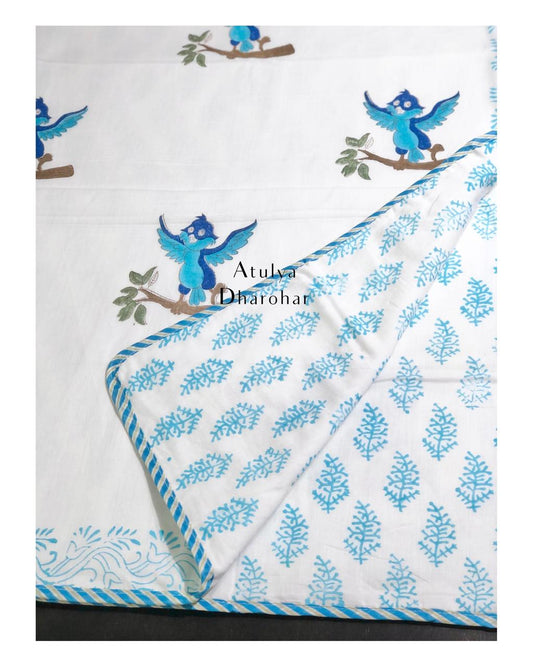 Happy Bird Hand Block Printed Baby Mulmul Dohar