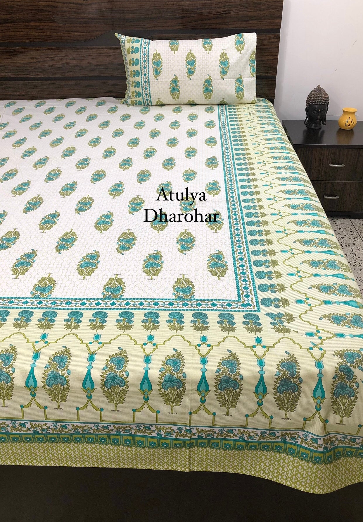 Green and Teal Blue Floral Motifs Bedsheet