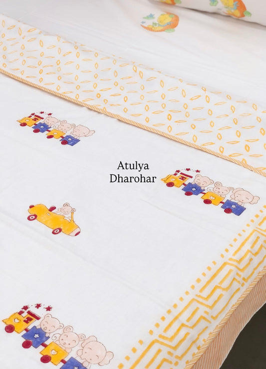 Playful Train and Car Ride Hand Block Printed Mulmul Baby Dohar
