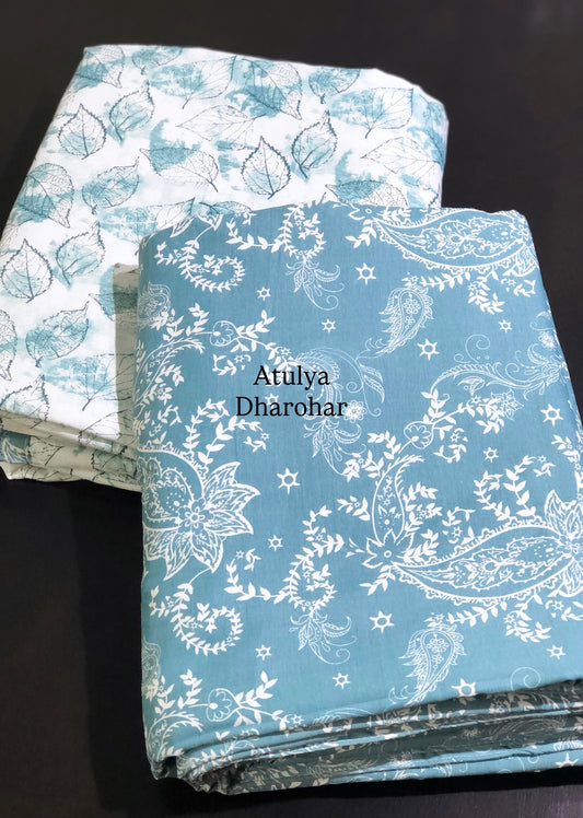 Turquoise Blue Floral Cambric Cotton Single Dohar Pair