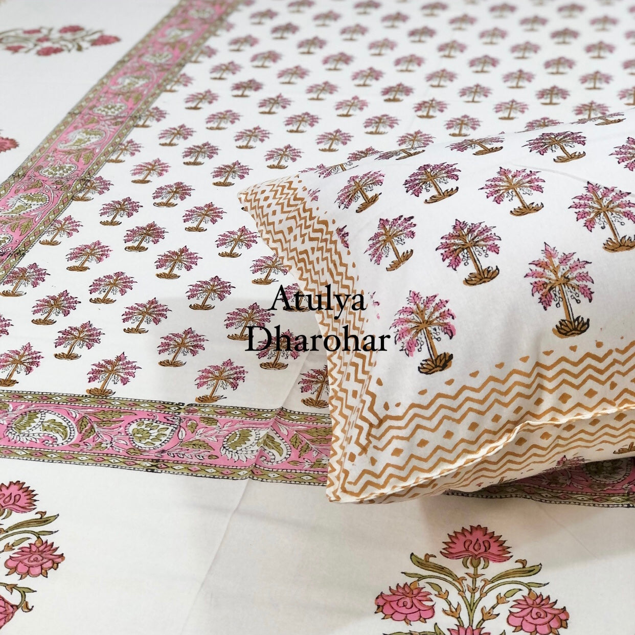 Pink Palm Tree Motifs Hand Block Printed Single Bedsheet