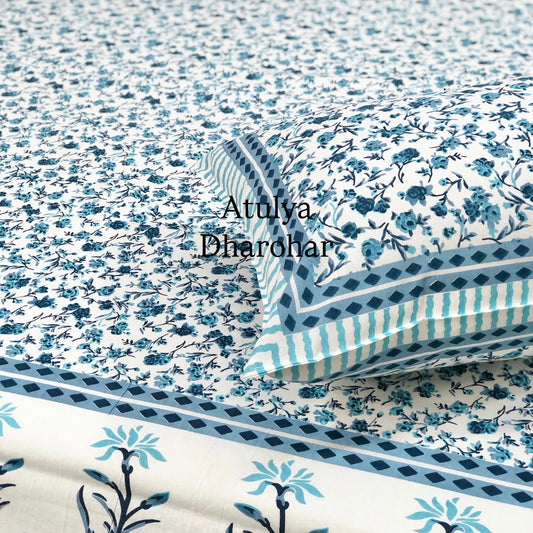 Blue Floral Jaal Cotton King Size Bedsheet