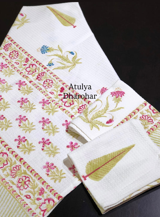 Green and Pink Floral Motifs Hand Block Waffle Cotton Towel Set