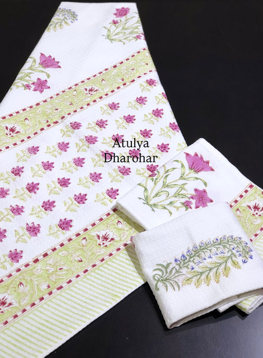 Pink and Blue Floral Motifs Hand Block Waffle Cotton Towel Set