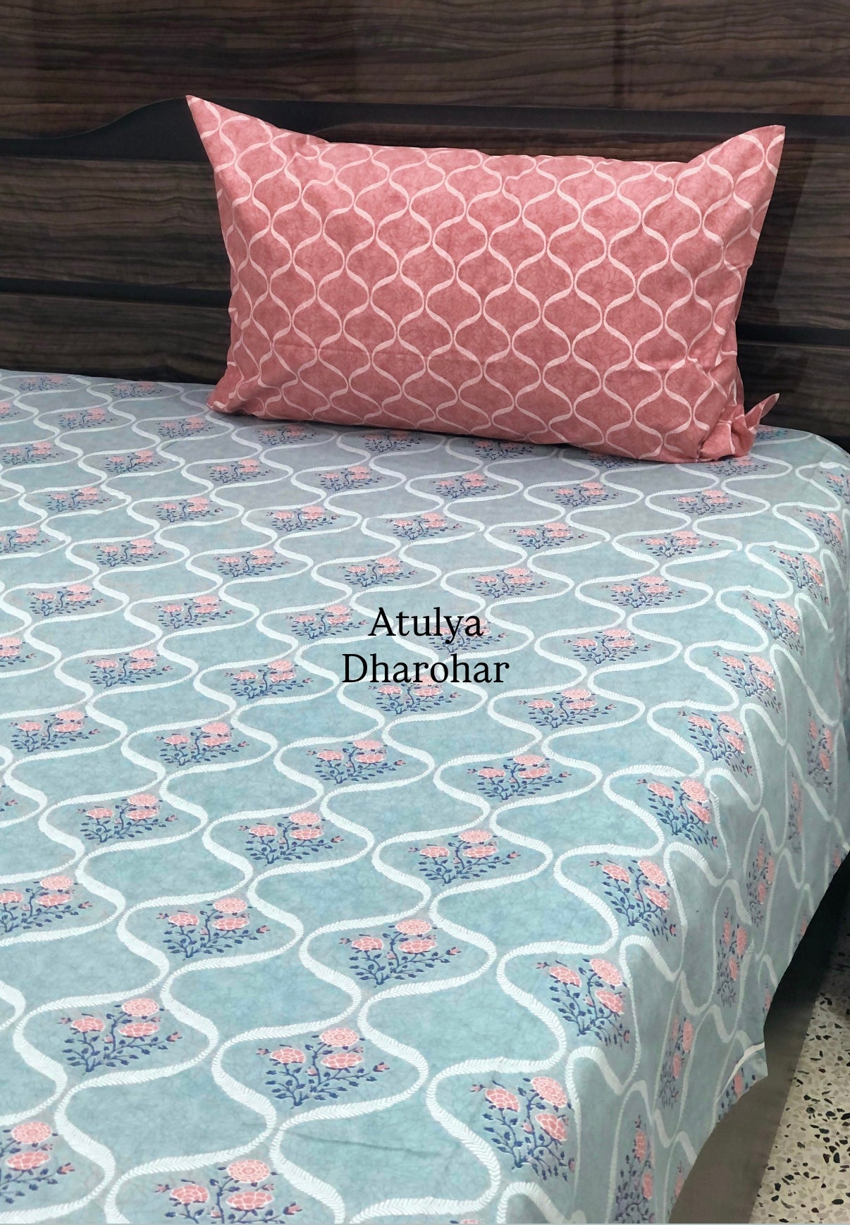 Turquoise Blue and Rust Mughal Jaal Super King Bedsheet