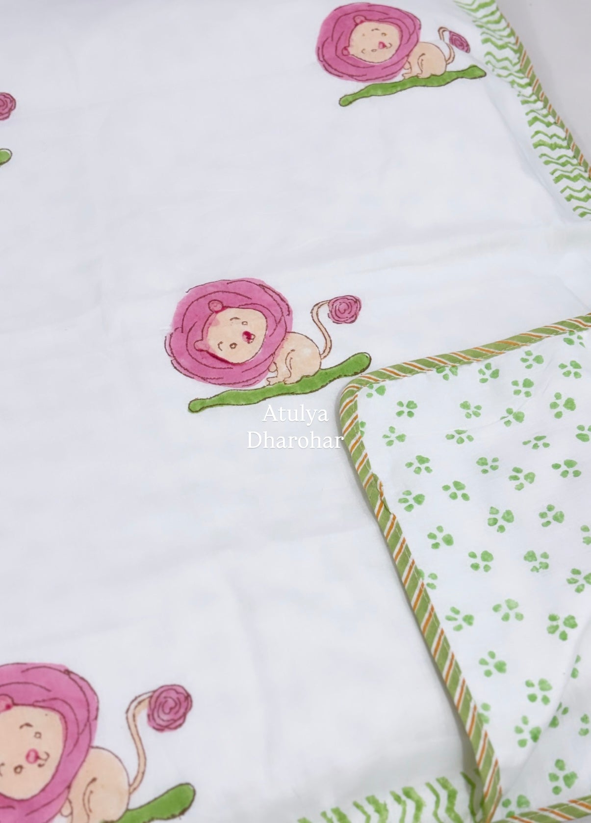 Pink Lion Hand Block Printed Mulmul Baby Dohar