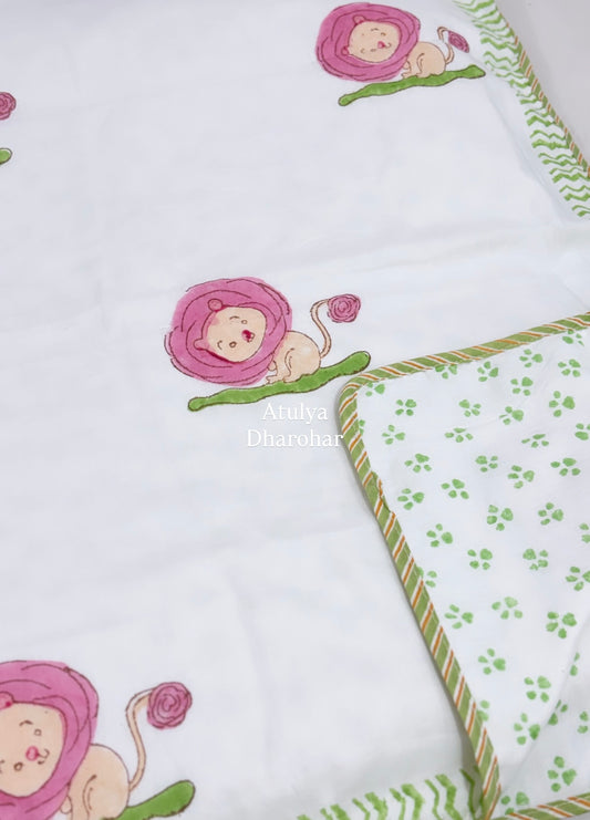 Pink Lion Hand Block Printed Mulmul Baby Dohar