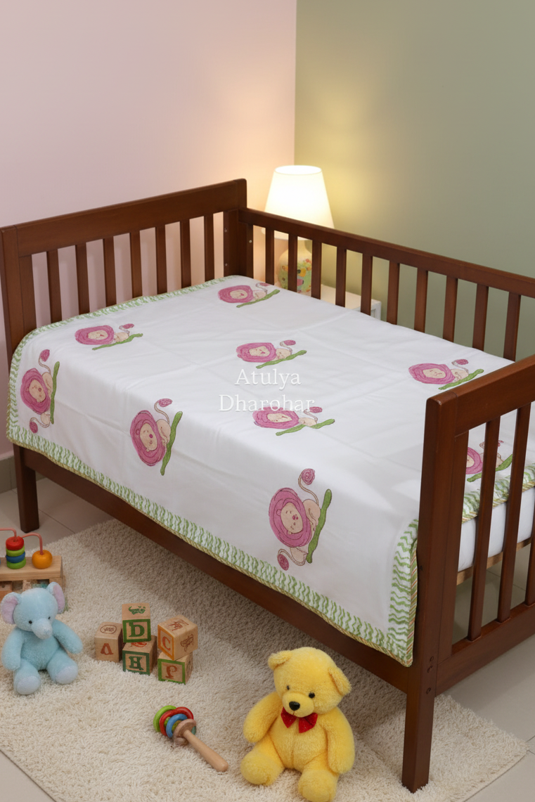 Pink Lion Hand Block Printed Mulmul Baby Dohar