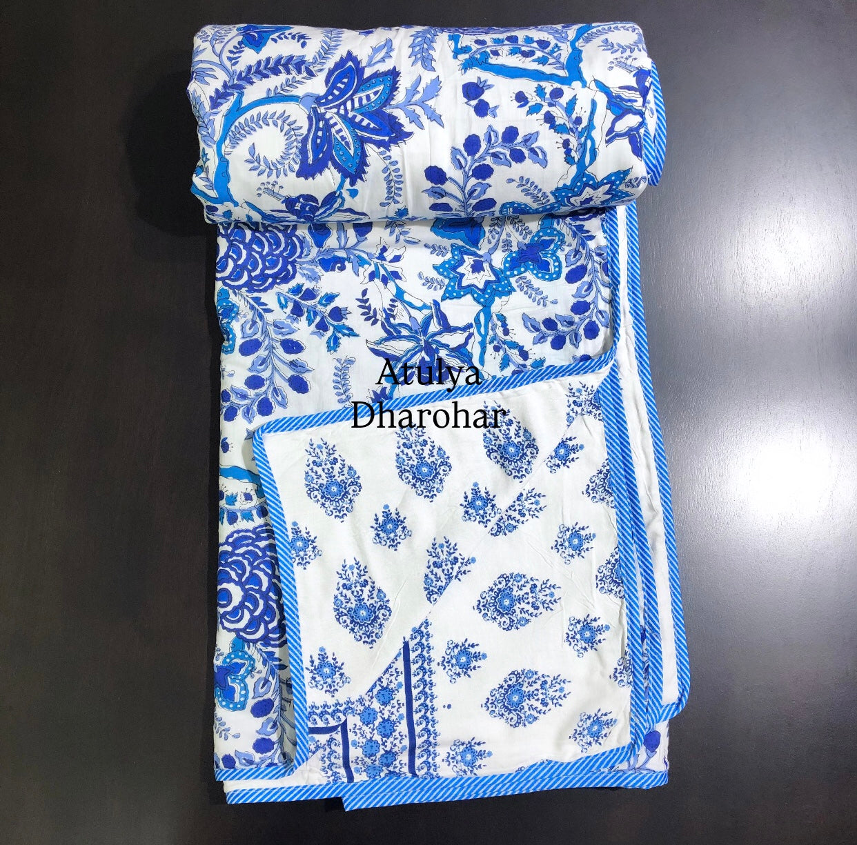 Blue Floral Jaal Mulmul Double Bed Dohar