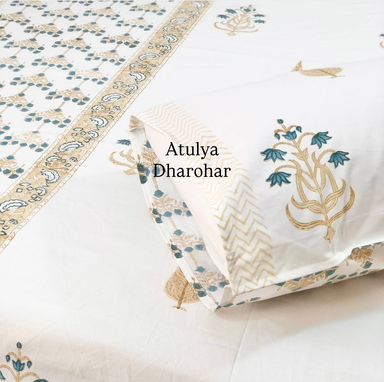 Teal and Golden Brown Floral Motifs Percale Cotton Hand Block Super King Bedsheet