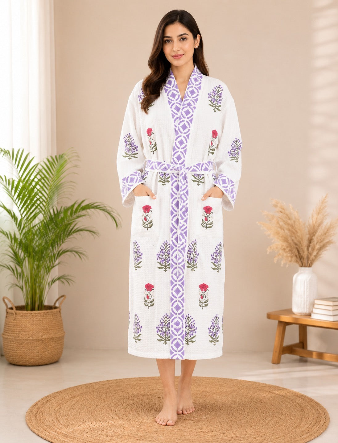 Purple and Red Floral Motifs Waffle Cotton Bathrobe