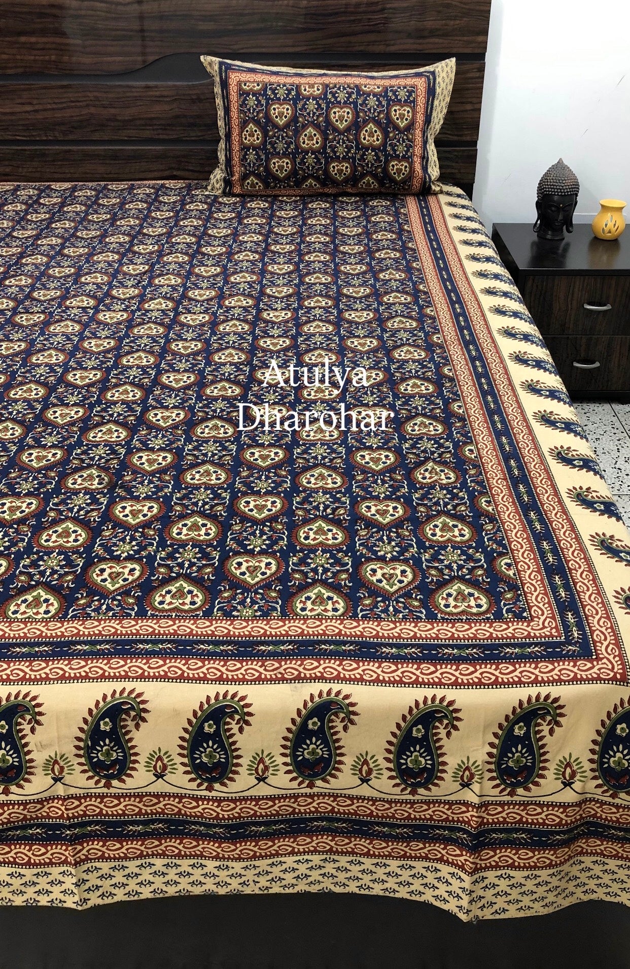 Indigo and Maroon Cotton Kalamkari Super King Bedsheet