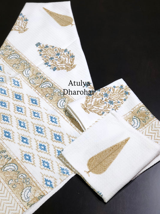Brown and Blue Mughal Motifs Hand Block Waffle Cotton Towel Set