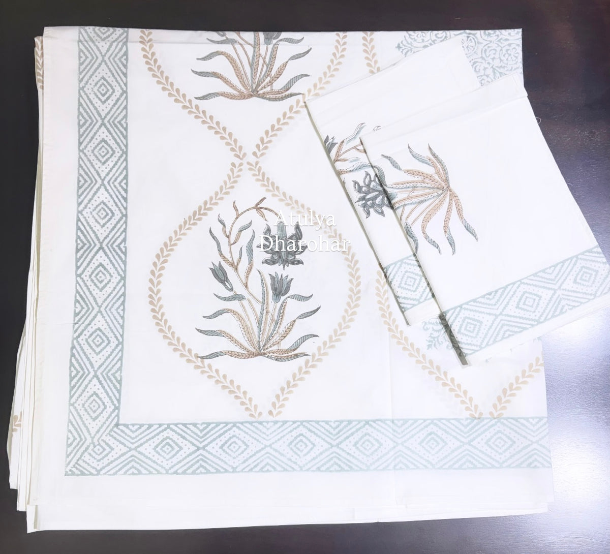 Grey and Brown Mughal Jaal Percale Cotton Hand Block Printed Super King Bedsheet