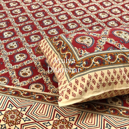 Maroon Kalamkari Cotton Super King Bedsheet