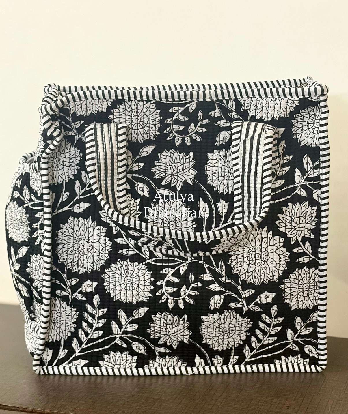 Black Floral Quilted Mini Tote Bag with Zip