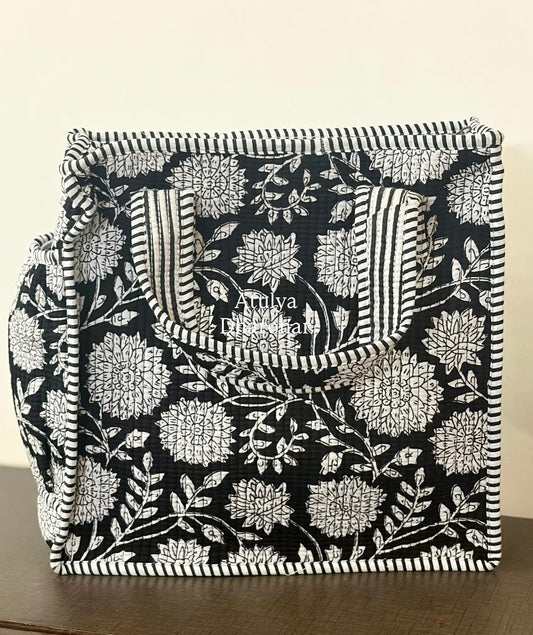 Black Floral Quilted Mini Tote Bag with Zip